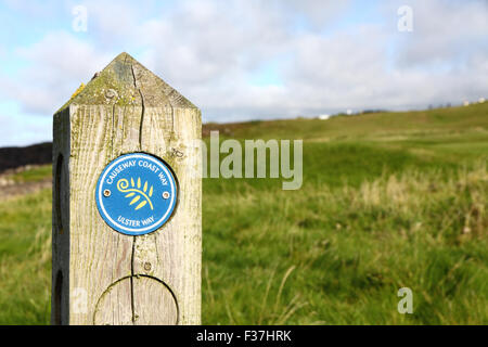 Causeway Coast Way marker post near Portstewart, Northern Ireland Stock Photo