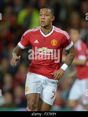 Manchester, UK. 30th Sep, 2015. Manchester United's Memphis Depay during the UEFA Champions League Group B first leg soccer match between Manchester United and VfL Wolfsburg at the Old Trafford in Manchester, Great Britain, 30 September 2015. Credit:  dpa picture alliance/Alamy Live News Stock Photo