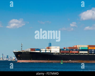 Container Ship Entering New York Harbor Stock Photo