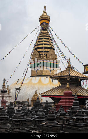 Swayambhunath is an ancient religious architecture atop a hill in the Kathmandu Valley, west of Kathmandu city, Nepal. Stock Photo