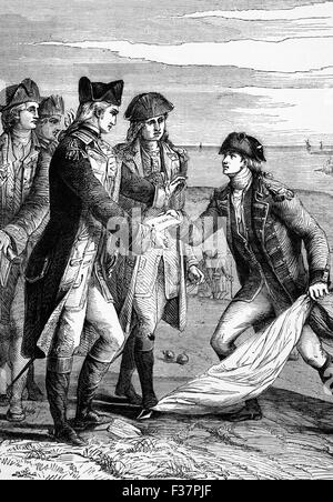 General George Washington accepting the flag of truce after the British surrender by Charles Cornwallis following the successful Siege of Yorktown, Virginia,  on October 17, 1781; it  ended major fighting in the American Revolution. Stock Photo