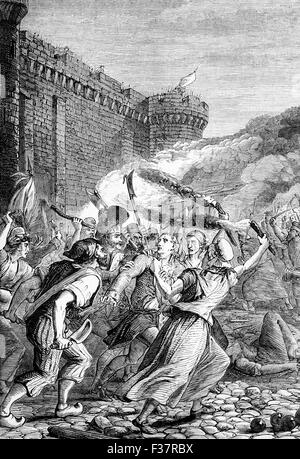 The storming of the Bastille by the revolutionists of Paris on the morning of 14 July 1789. The fortress and prison  represented royal authority in the centre of Paris and its fall was the flashpoint of the French Revolution