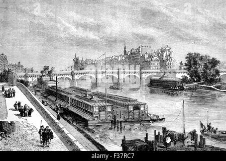 An 18th Century view of the River Seine and the Pont Neuf in Paris, France. Stock Photo