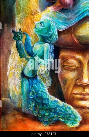 A woman story teller with puppets and protective spirits, fantasy imagination detailed colorful painting Stock Photo