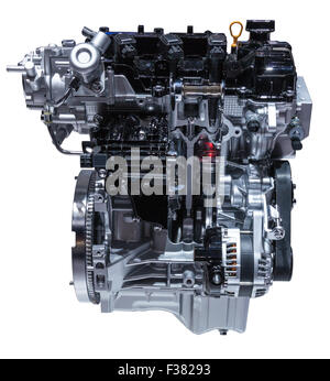 Cross section of a modern three cylinder car engine isolated on white Stock Photo