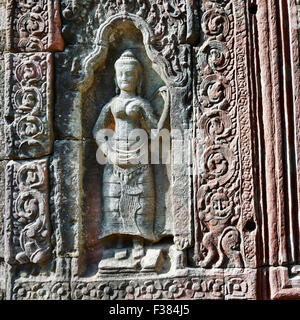 Stone carving on inner wall in Banteay Kdei temple. Angkor Archaeological Park, Siem Reap Province, Cambodia. Stock Photo