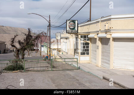 Empty streets in the former mining town of Chuquicamata, which has been abandoned since 2007. Stock Photo