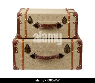 Stacked Deco Wood Burlap Suitcases Stock Photo