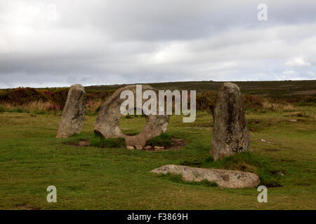 Mên-an-Tol is a famous Cornish Megalithic Tomb near to Madron and Morvah, West Penwith, Cornwall, England, United Kingdom. Stock Photo