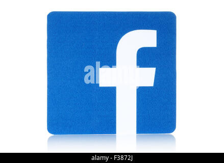 KIEV, UKRAINE - FEBRUARY 16, 2015: Facebook logo sign printed on paper and placed on white background. Stock Photo