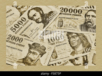 Detail photo of different Hungarian Forint Banknotes Stock Photo