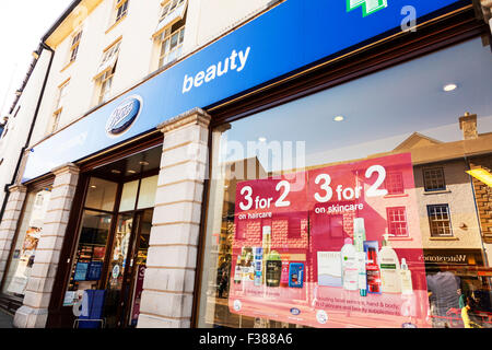 Boots chemist store beauty shop front sign exterior facade UK England high street shopping Kendal Cumbria UK Stock Photo