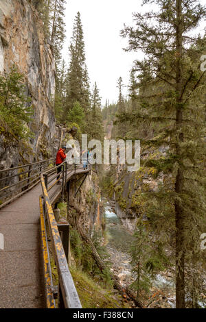 Hiking trail consisting of a walkway with safety rails and bridges at Johnston Canyon, Banff National Park, Alberta, Canada. Stock Photo