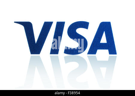 KIEV, UKRAINE - MARCH 21, 2015: Visa logo printed on paper and placed on white background. Stock Photo