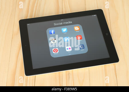 KIEV, UKRAINE - APRIL 30, 2015: Collection of popular social media logos on iPad screen Stock Photo