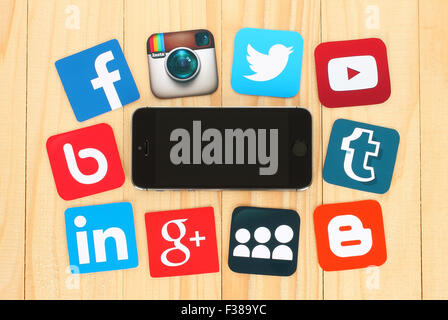 KIEV, UKRAINE - JULY 01, 2015: Famous social media icons such as: Facebook, Twitter, Blogger, Linkedin, Tumblr and other Stock Photo