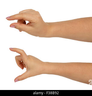Hands of a caucasian female to hold some small and big objects isolated on white background Stock Photo