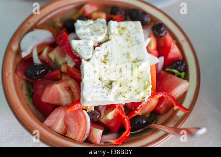 Greek salad with feta cheese, top view Stock Photo