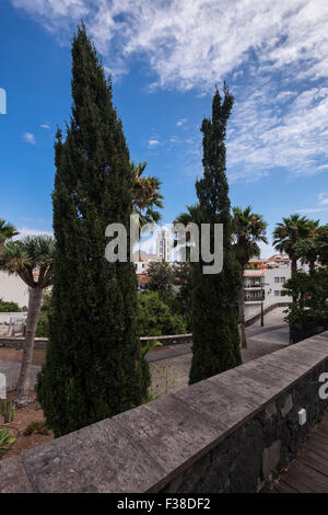 Overlooking Santa Ana church tower and Garachico town from a park in the upper part. Tenerife, Canary Islands, Spain. Stock Photo