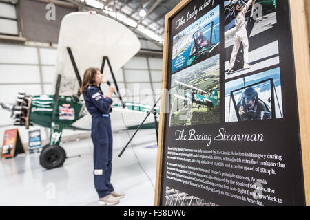 Farnborough Airport, UK. 1st October, 2015. Adventurer Tracey Curtis-Taylor starts 13,000 mile solo biplane flight.   Credit:  carol moir/Alamy Live News Stock Photo