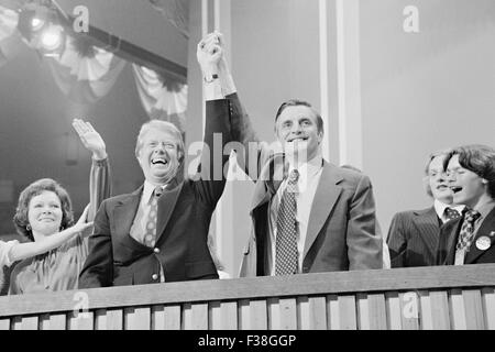 Gov. Jimmy Carter and Sen. Walter Mondale smile after capturing the Democratic Party nomination at the Democratic National Convention July 15, 1976 in New York, NY. Stock Photo