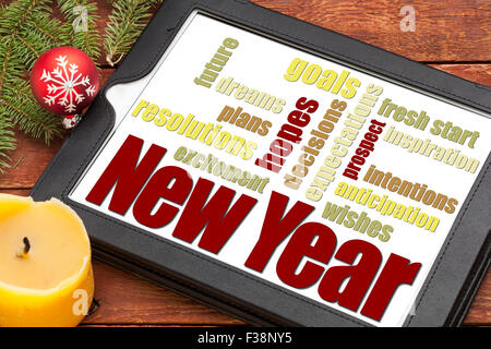New Year goals. plans and expectations - a word cloud on a digital tablet with holiday decoration Stock Photo