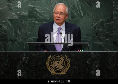 New York, USA. 1st Oct, 2015. Malaysian Prime Minister Najib Razak addresses the 70th session of the United Nations General Assembly, at the UN headquarters in New York, Oct. 1, 2015. Credit:  Li Muzi/Xinhua/Alamy Live News Stock Photo