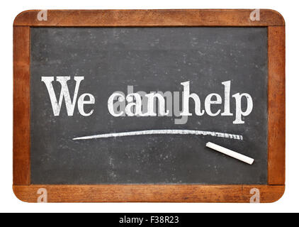We can help offer - white chalk text  on a vintage slate blackboard Stock Photo