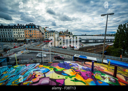 View of Slussen and graffiti on a building in, Södermalm, Stockholm, Sweden. Stock Photo