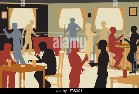 EPS8 editable vector cutout illustration of people drinking in a busy bar and enjoying typical pub games Stock Vector