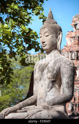 Stone Buddha statue seated in the lotus position at Wat Mahathat, Ayutthaya, Thailand Stock Photo