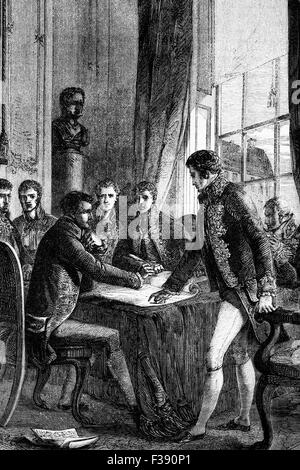 An Allied representative signing the Treaty of Paris of 1815, on 20 November 1815 following the defeat and second abdication of Napoleon Bonaparte. King Louis XVIII was reinstated., Stock Photo