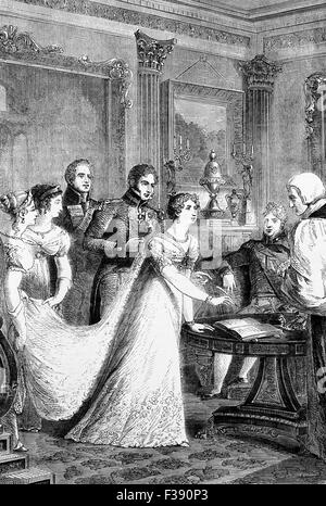 The marriage of Princess Charlotte of Wales and Prince Leopold of Saxe-Coburg  in the Crimson Drawing Room at Carlton House in London on 2 May 1816. Stock Photo