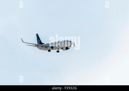 Aircraft -Boeing 737-800-, of -Egyptair- airline, landing on Madrid-Barajas airport Stock Photo