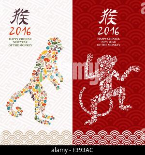 2016 Happy Chinese New Year of the Monkey poster set with asian icons as ape silhouettes. EPS10 vector. Stock Vector