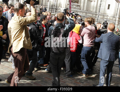 London, UK, 12th Sep 2015: Media and supporters following Jeremy Corbyn as he arrives to the Labour Party leadership election - Stock Photo
