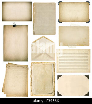 Used paper sheets set. Vintage book pages, cardboards, music notes, photo frame with corner, envelope isolated Stock Photo