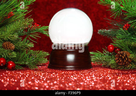 Christmas tree branches with empty snow globe Stock Photo