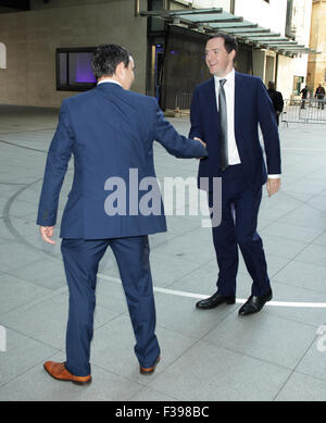 London, UK, 6th Sep 2015: Chancellor George Osborne seen at the BBC Broadcasting House for the Andrew Marr Show in London Stock Photo