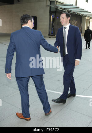 London, UK, 6th Sep 2015: Chancellor George Osborne seen at the BBC Broadcasting House for the Andrew Marr Show in London Stock Photo