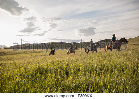 Female ranchers horseback riding in remote sunny field