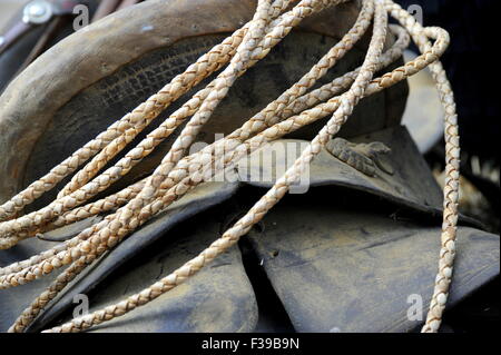 Western saddle on display. Stock Photo