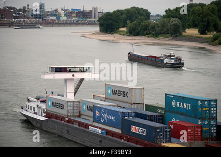 Factotum container barge on the river Rhine, Leverkusen, Germany. Stock Photo