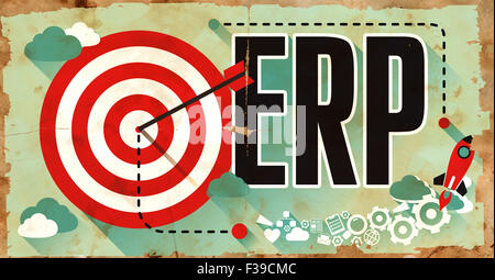 ERP Concept on Old Poster in Flat Design with Red Target, Rocket and Arrow. Business Concept. Stock Photo