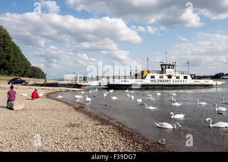 Monheim to Cologne-Langel passenger and car ferry on the river Rhine Germany, Hitdorf, Germany. Stock Photo