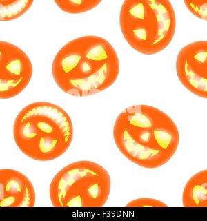 Halloween holiday seamless pattern with smiling pumpkins over white background for creating Halloween designs.  Vector illustration. Stock Vector