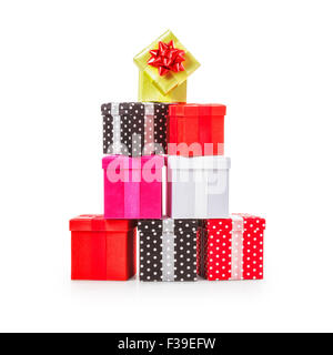 Stacked gift boxes with ribbon bow. Christmas present. Croup of objects isolated on white background. Clipping path Stock Photo