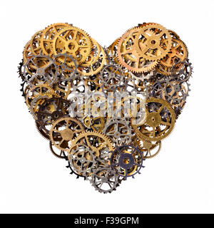 Isolated objects: heart shape made of metal pinions and sprockets, isolated on white background. Technical abstract for Valentin Stock Photo