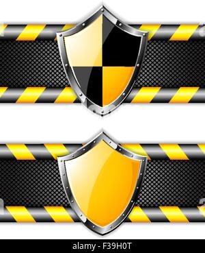 Set of gold shields over steel dotted backgrounds. Stock Vector