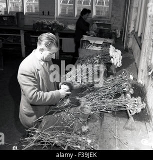 Historical, 1950s, elderly adult male at work bench doing flower arranging. Stock Photo